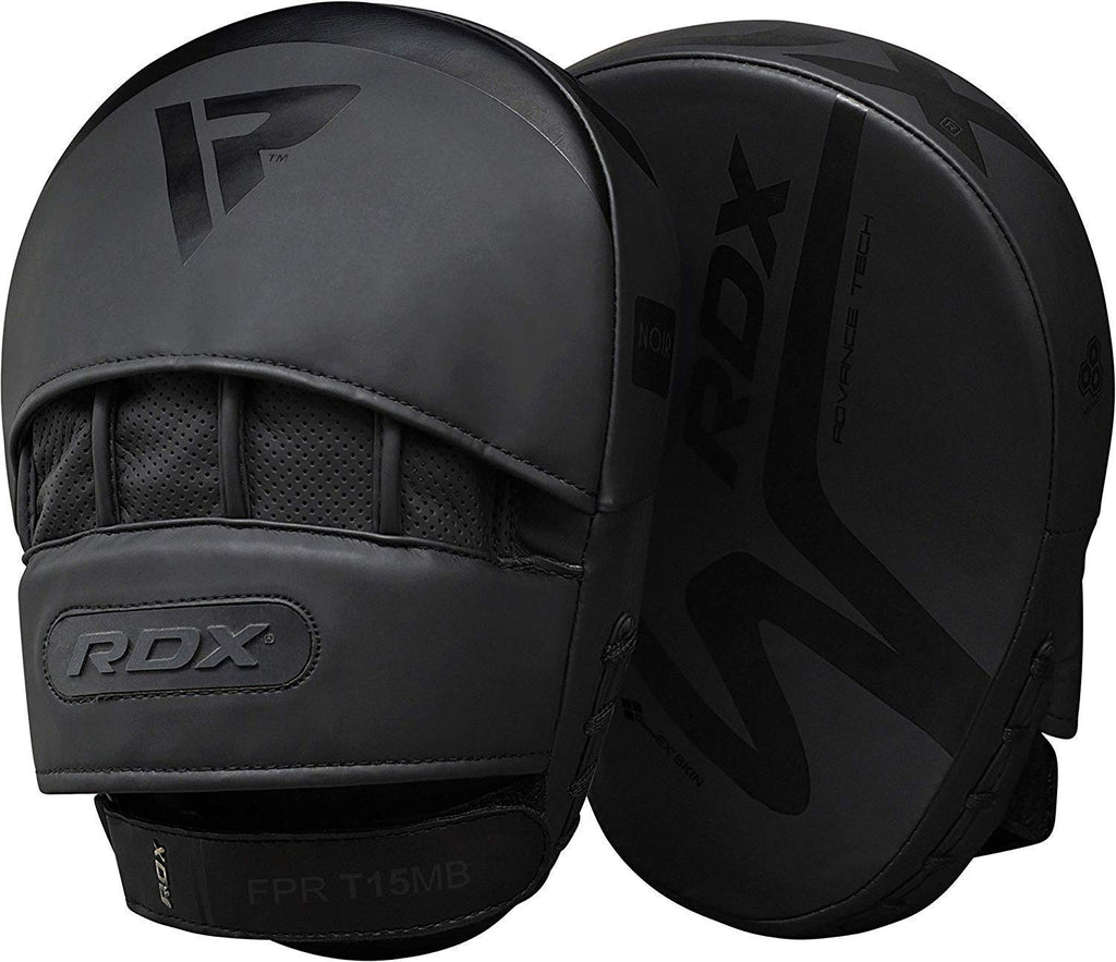 RDX Boxing Pads Focus Mitts, Convex Skin Leather Curved Hand Pad with Adjustable Strap, Hook and Jab Hand Strike Shield for MMA, Martial Arts, Punching Target, Muay Thai Training Matte Black