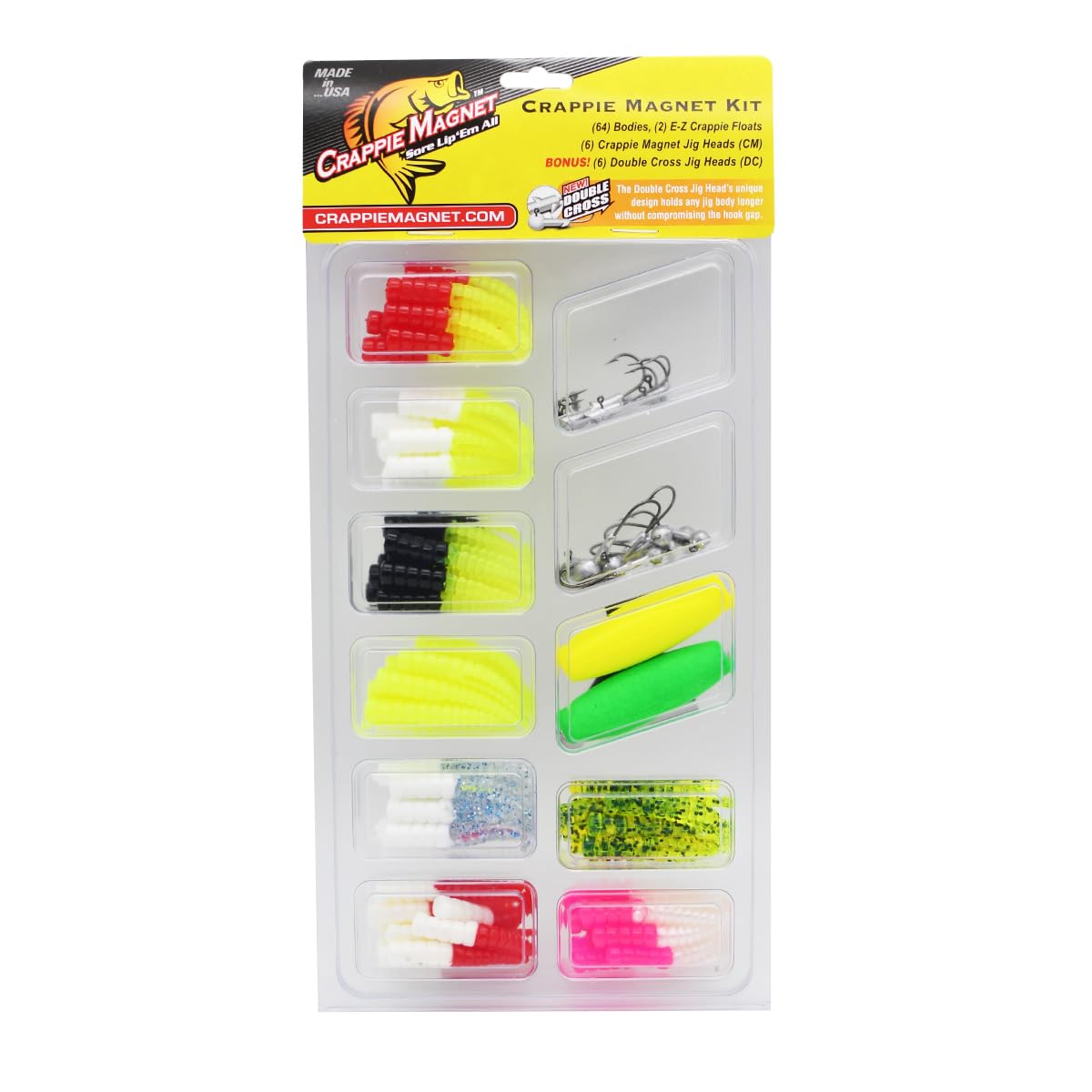 Crappie Magnet 78-Piece Kit - 64 Bodies, 2 E - Z Floats, 6 Crappie Magnet Jig Heads, 8 Double Cross Jig Heads, Freshwater Fishing Kit