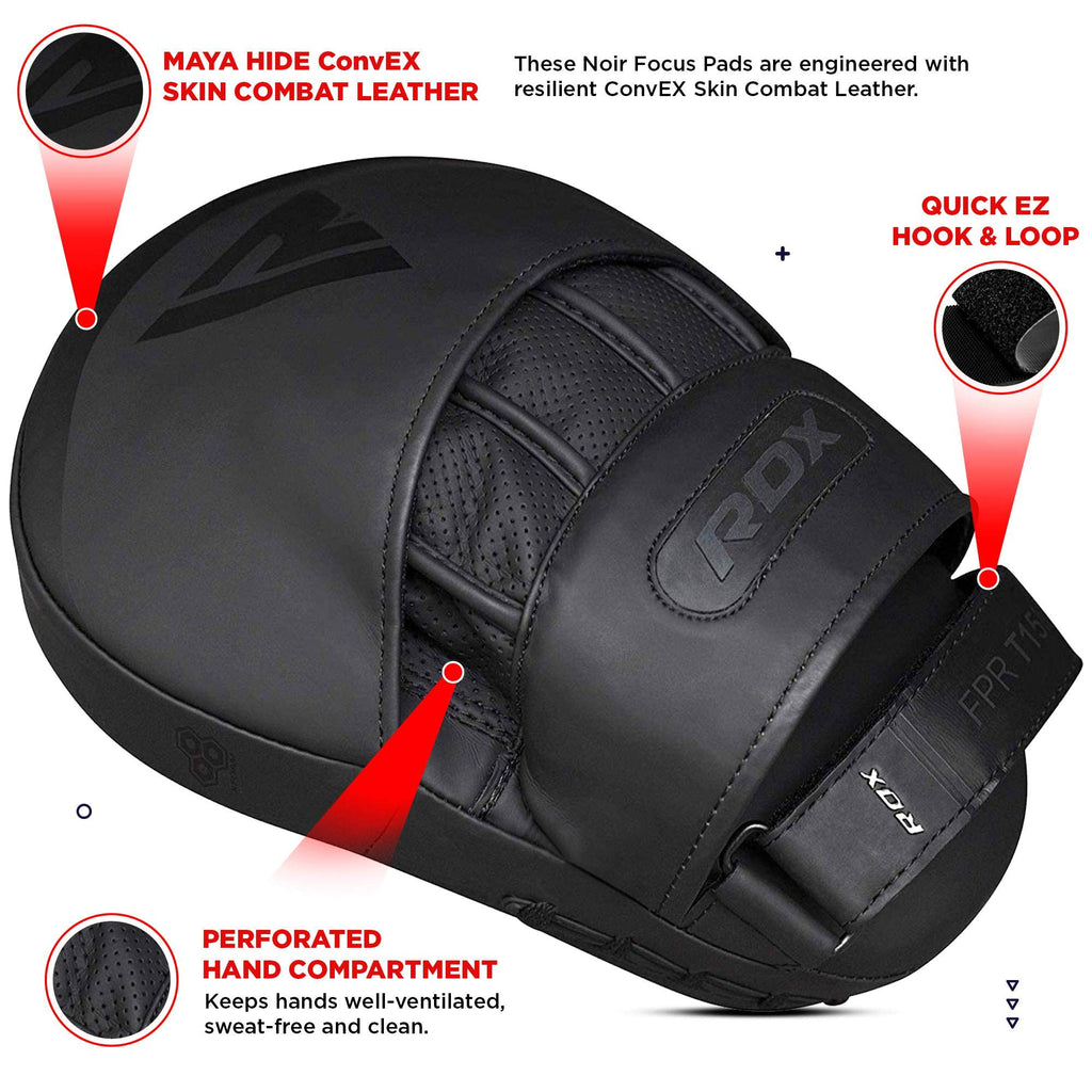 RDX Boxing Pads Focus Mitts, Convex Skin Leather Curved Hand Pad with Adjustable Strap, Hook and Jab Hand Strike Shield for MMA, Martial Arts, Punching Target, Muay Thai Training Matte Black